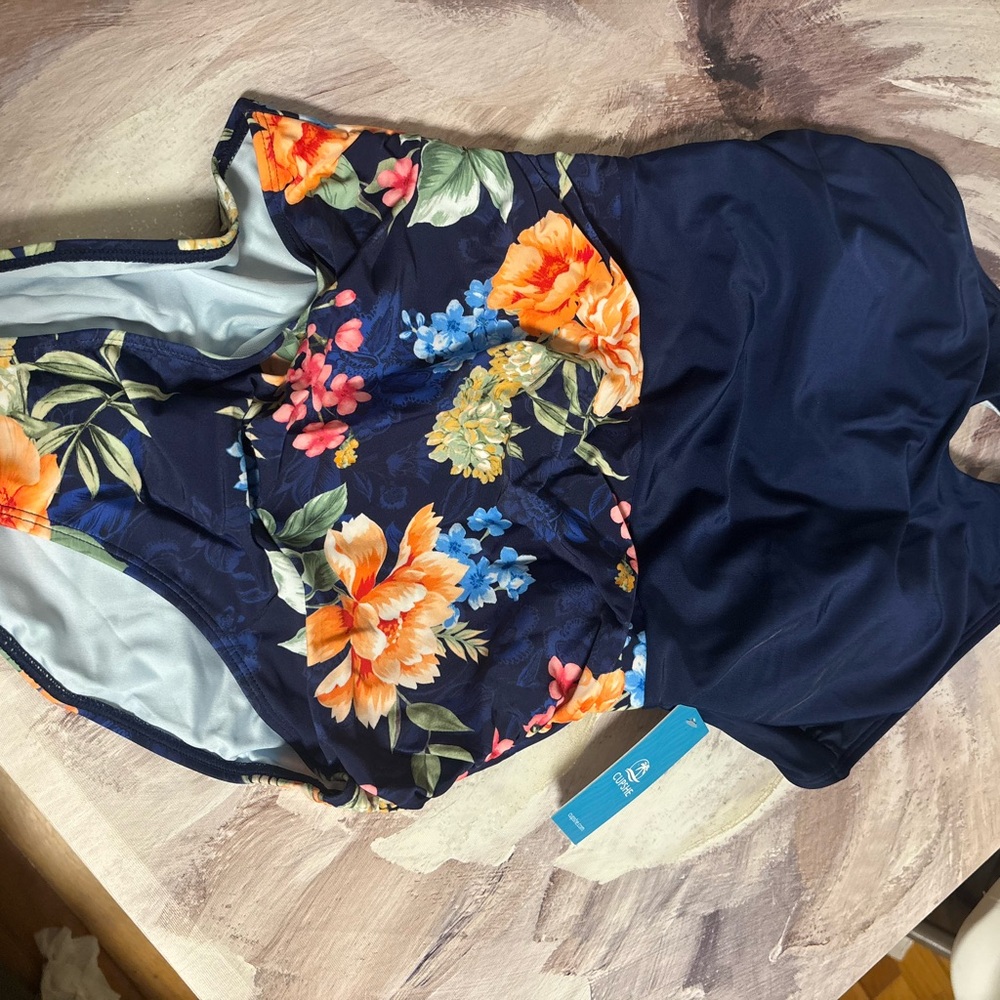 Cupshe Navy Floral One-Piece Swimsuit with Orange and Pink Blooms